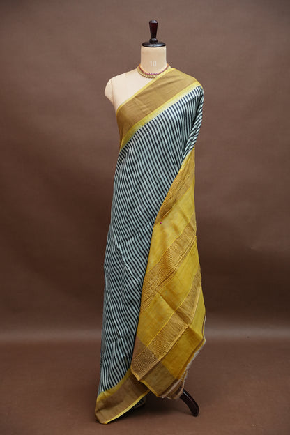 Silk Mark Certified Pure Tussar Silk Saree – Indigo Stripes with Mustard Yellow Pallu