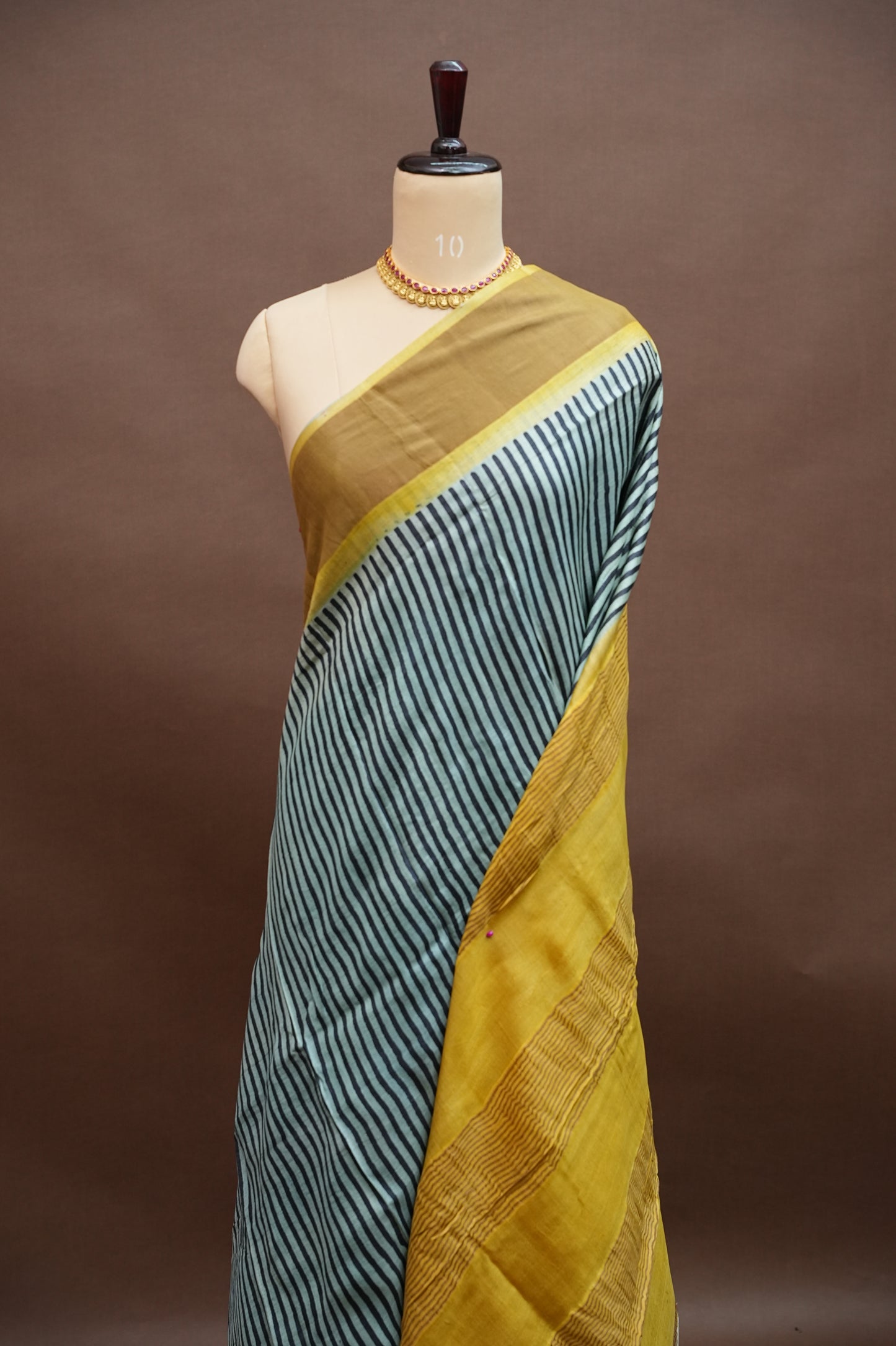 Silk Mark Certified Pure Tussar Silk Saree – Indigo Stripes with Mustard Yellow Pallu