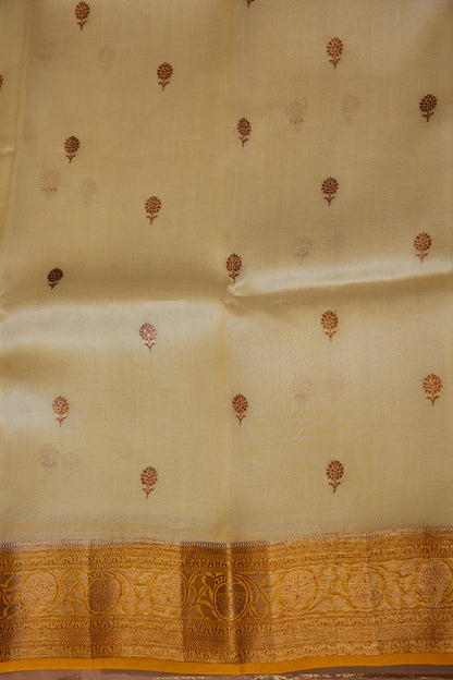 Pure Banarasi Organza(Kora) Silk Handloom Saree with Antique Gold Zari Buttas & Border – Champagne Gold & Mustard | Silk Mark Certified
