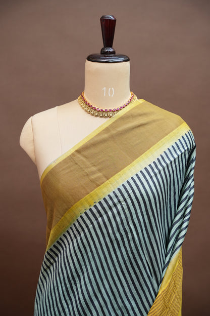 Silk Mark Certified Pure Tussar Silk Saree – Indigo Stripes with Mustard Yellow Pallu