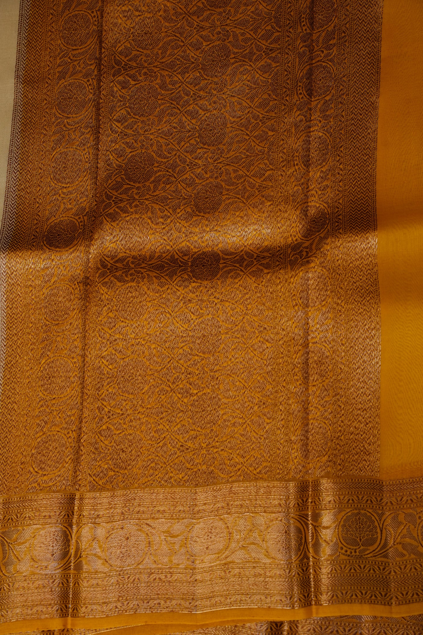 Pure Banarasi Organza(Kora) Silk Handloom Saree with Antique Gold Zari Buttas & Border – Champagne Gold & Mustard | Silk Mark Certified