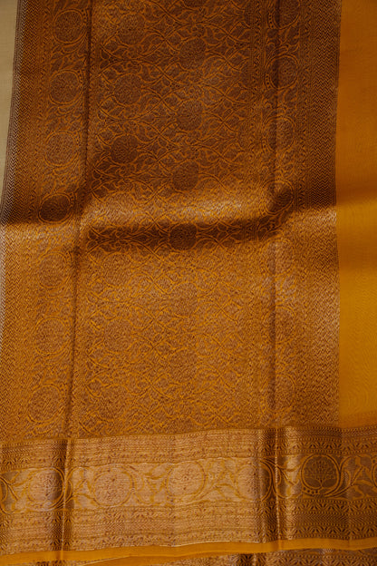 Pure Banarasi Organza(Kora) Silk Handloom Saree with Antique Gold Zari Buttas & Border – Champagne Gold & Mustard | Silk Mark Certified