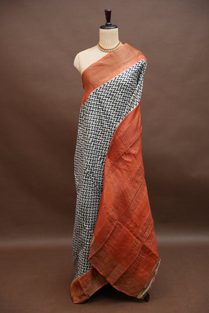 Silk Mark Certified Pure Tussar Silk Saree – Ivory Chevron Weave with Terracotta Orange Pallu