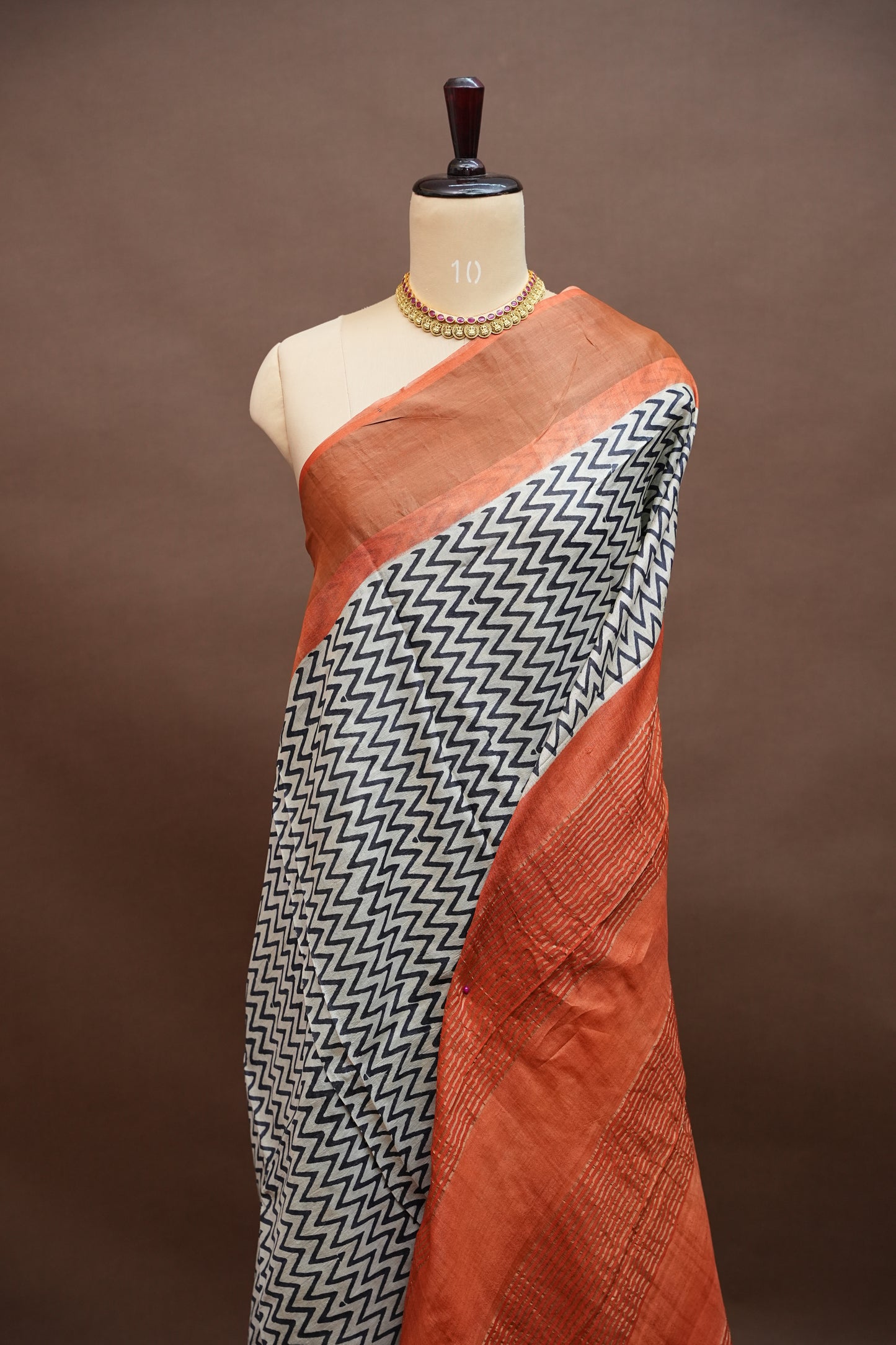 Silk Mark Certified Pure Tussar Silk Saree – Ivory Chevron Weave with Terracotta Orange Pallu