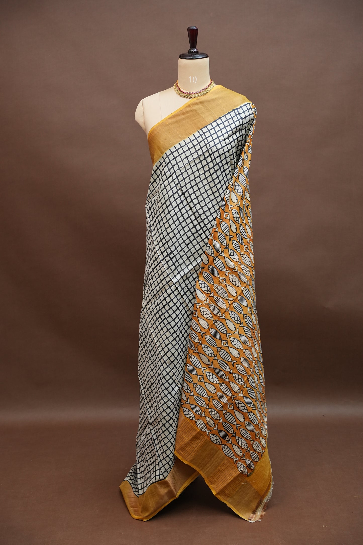 Silk Mark Certified Pure Tussar Silk Saree – Ivory Checks with Mustard Yellow Fish Motif Pallu