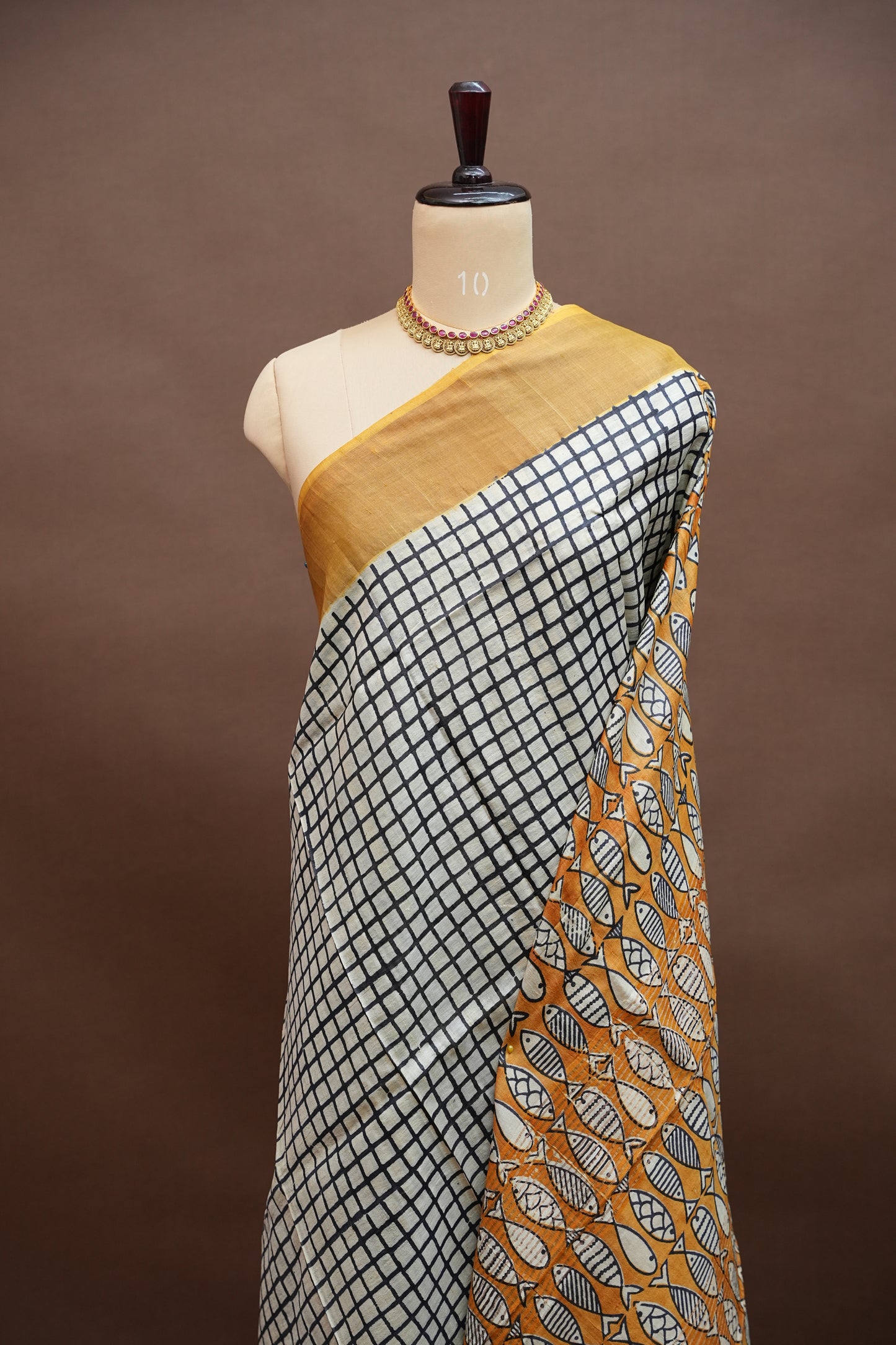 Silk Mark Certified Pure Tussar Silk Saree – Ivory Checks with Mustard Yellow Fish Motif Pallu