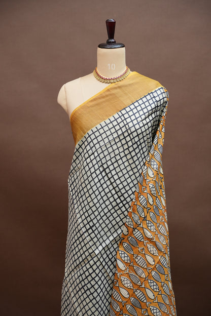 Silk Mark Certified Pure Tussar Silk Saree – Ivory Checks with Mustard Yellow Fish Motif Pallu
