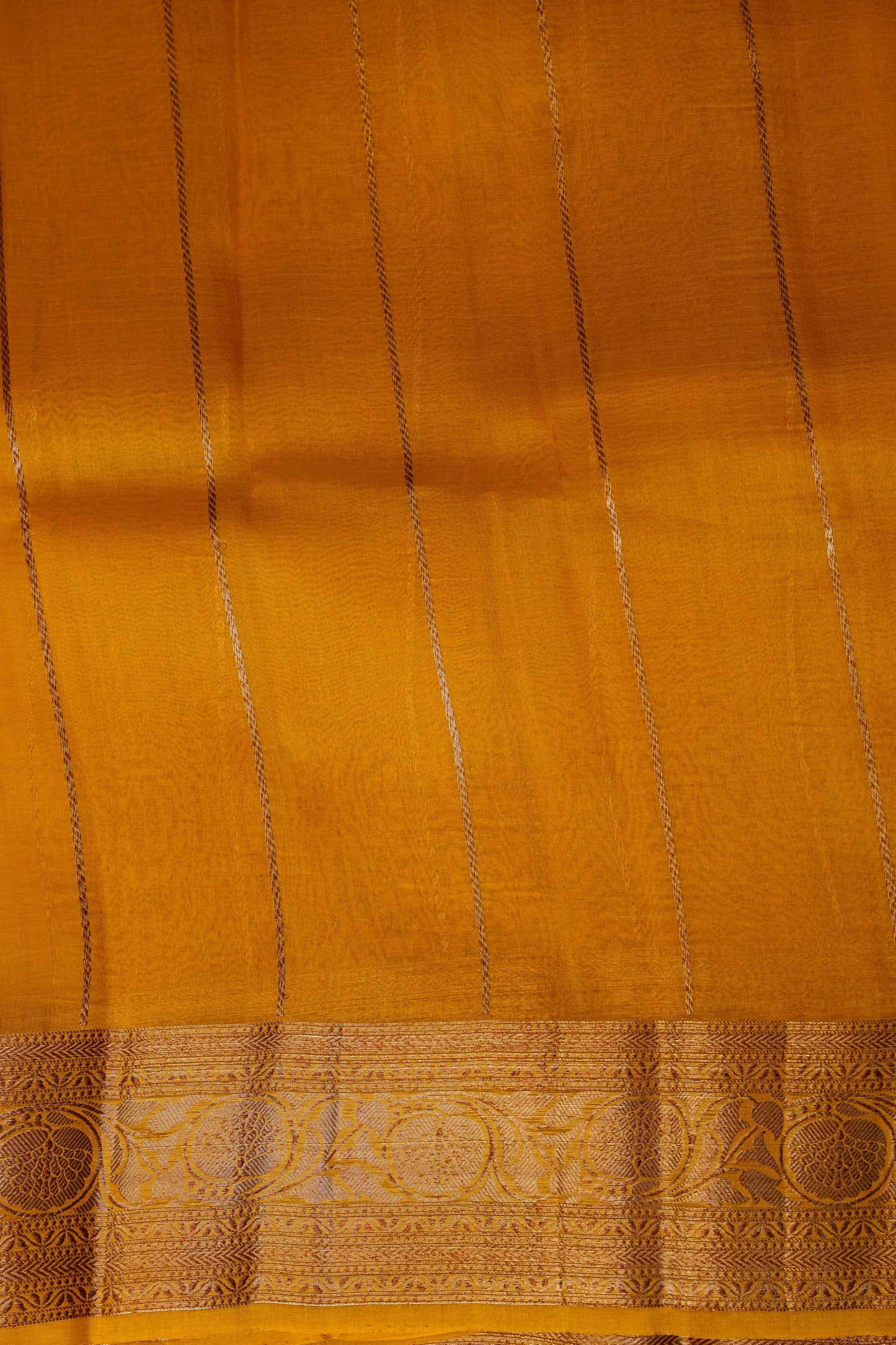 Pure Banarasi Organza(Kora) Silk Handloom Saree with Antique Gold Zari Buttas & Border – Champagne Gold & Mustard | Silk Mark Certified