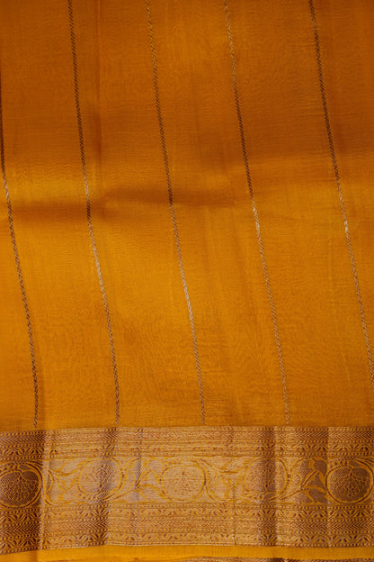 Pure Banarasi Organza(Kora) Silk Handloom Saree with Antique Gold Zari Buttas & Border – Champagne Gold & Mustard | Silk Mark Certified