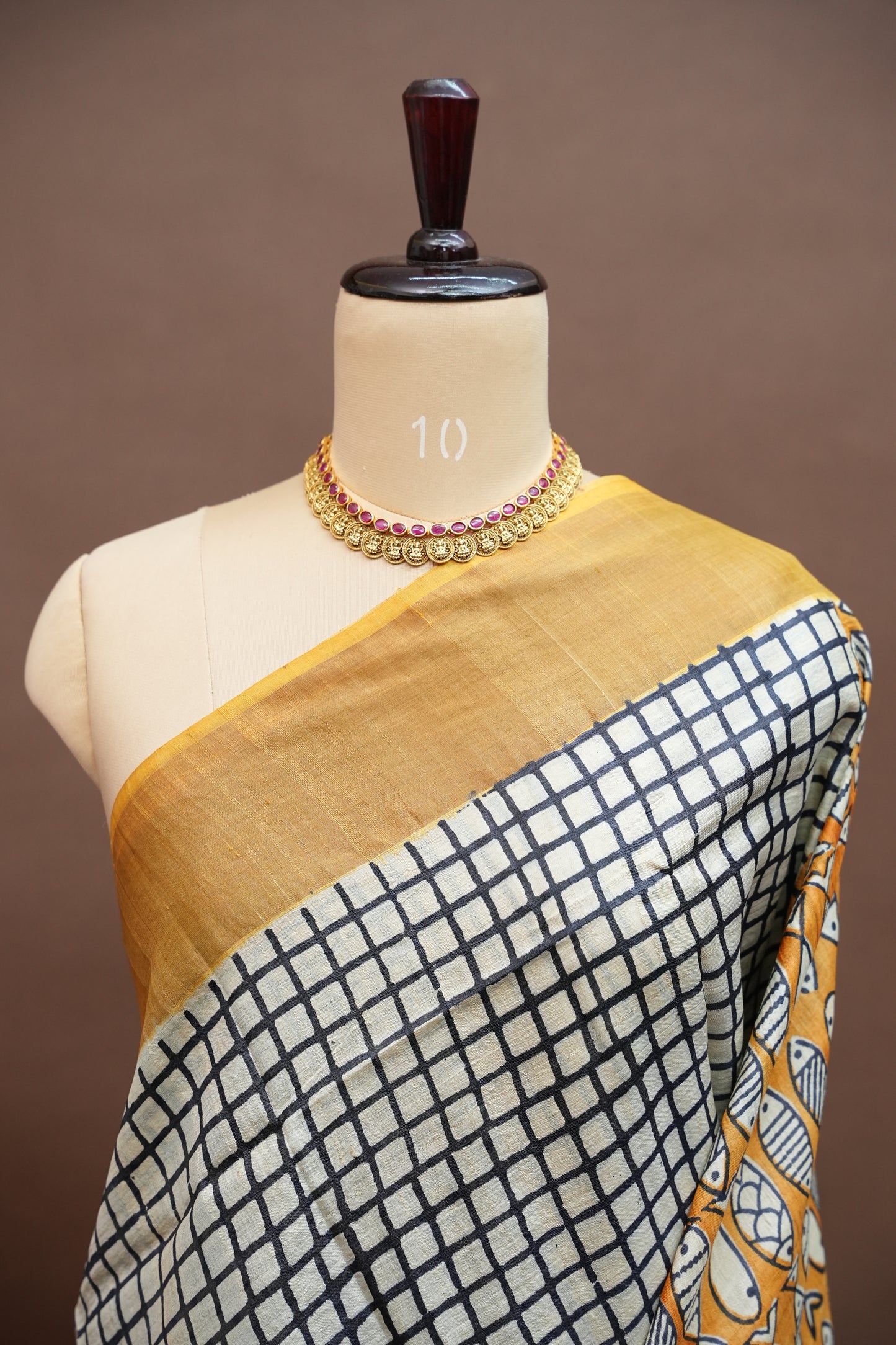 Silk Mark Certified Pure Tussar Silk Saree – Ivory Checks with Mustard Yellow Fish Motif Pallu