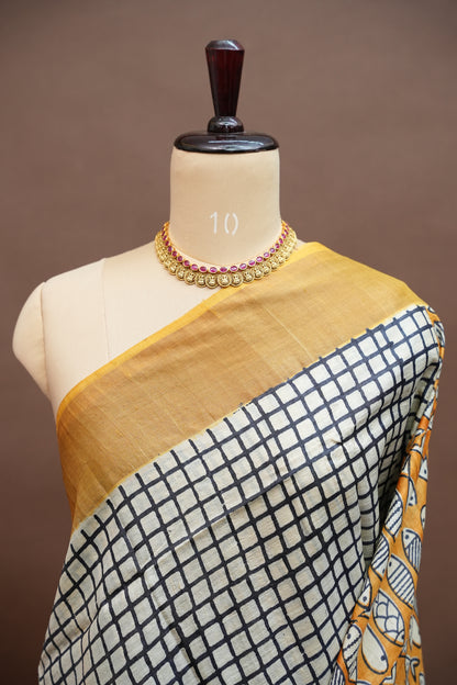 Silk Mark Certified Pure Tussar Silk Saree – Ivory Checks with Mustard Yellow Fish Motif Pallu