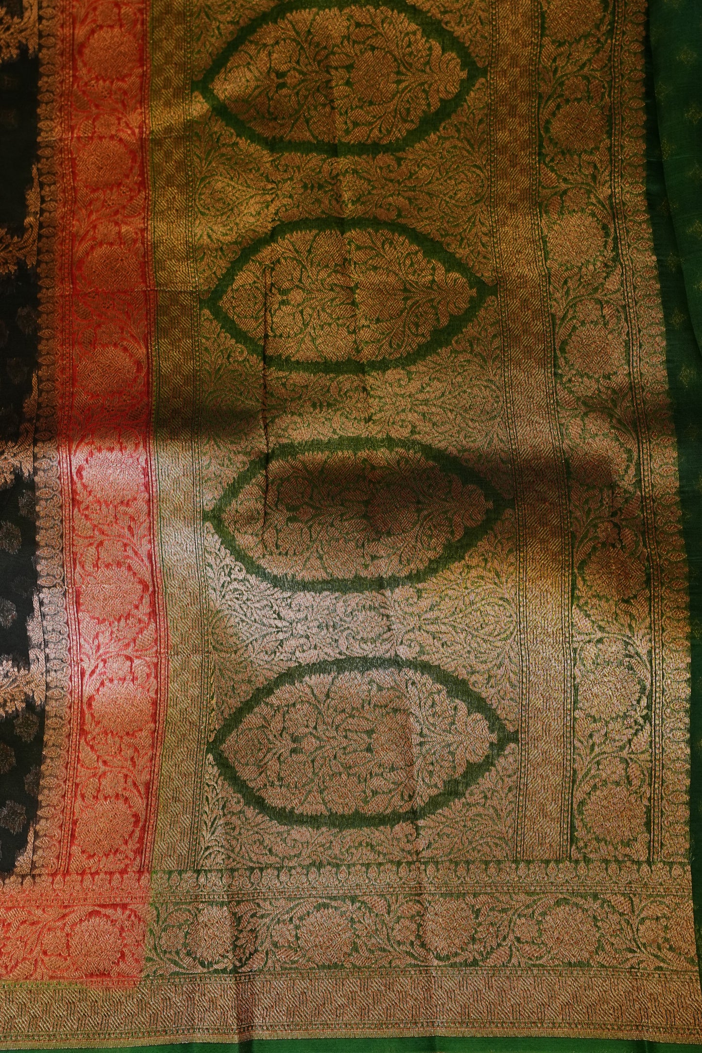 Pure Banarasi Organza(Kora) Silk Handloom Saree with Antique Zari Jaal & 3D Border – Black with Red & Green | Silk Mark Certified