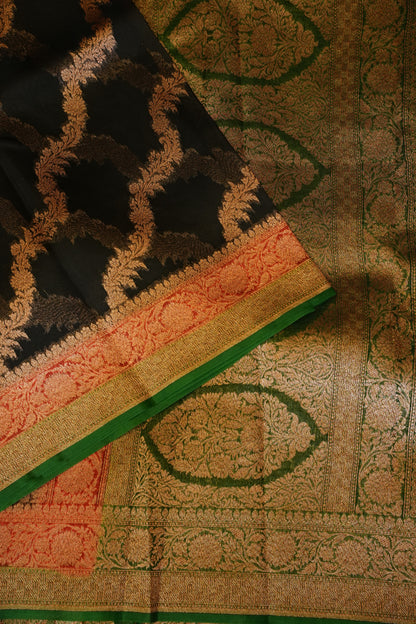 Pure Banarasi Organza(Kora) Silk Handloom Saree with Antique Zari Jaal & 3D Border – Black with Red & Green | Silk Mark Certified