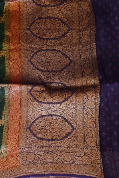 Pure Banarasi Organza(Kora) Silk Handloom Saree with Antique Zari Jaal & Contrast Border – Emerald Green with Red Border & Purple Pallu | Silk Mark Certified