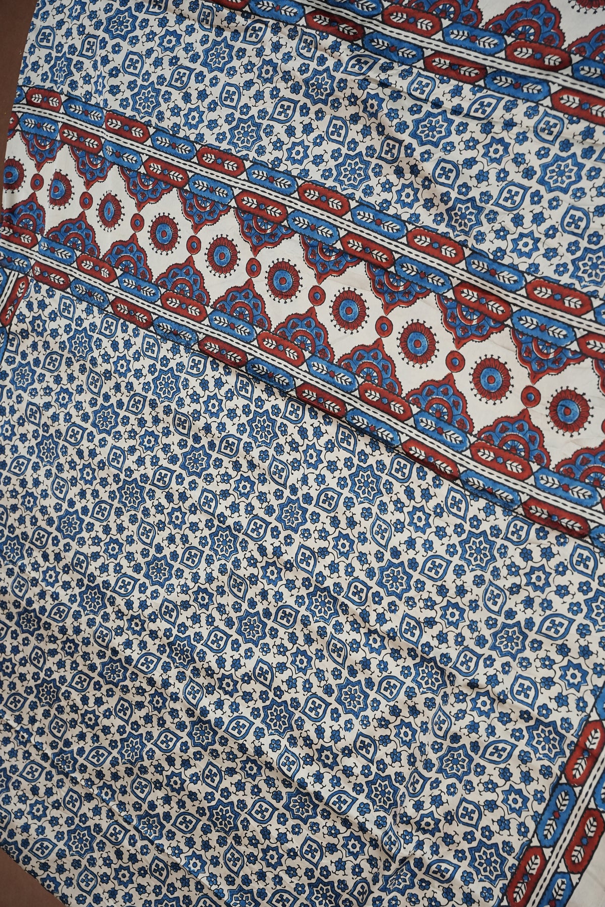 Pure Modal Silk Saree in Beige Base with Blue Ajrakh Block Prints