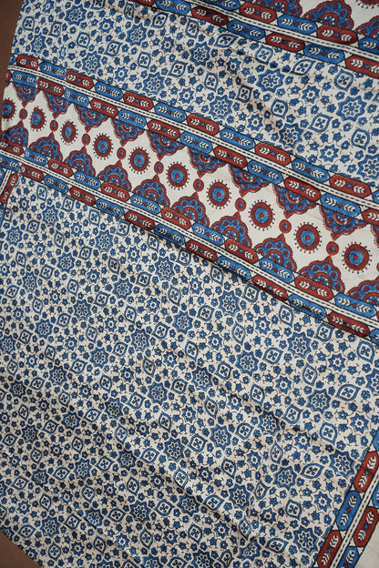 Pure Modal Silk Saree in Beige Base with Blue Ajrakh Block Prints