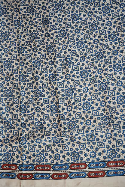 Pure Modal Silk Saree in Beige Base with Blue Ajrakh Block Prints