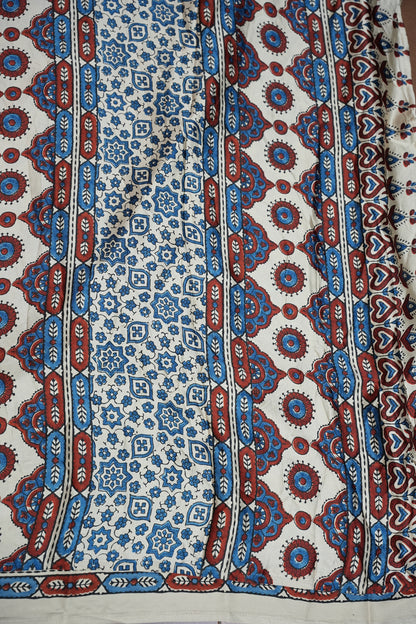 Pure Modal Silk Saree in Beige Base with Blue Ajrakh Block Prints