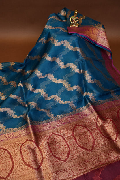 Pure Banarasi Organza(Kora) Silk Handloom Saree with Antique Zari Jaal – Teal Blue with Deep Red Border | Silk Mark Certified