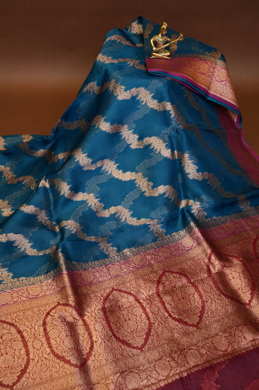 Pure Banarasi Organza(Kora) Silk Handloom Saree with Antique Zari Jaal – Teal Blue with Deep Red Border | Silk Mark Certified