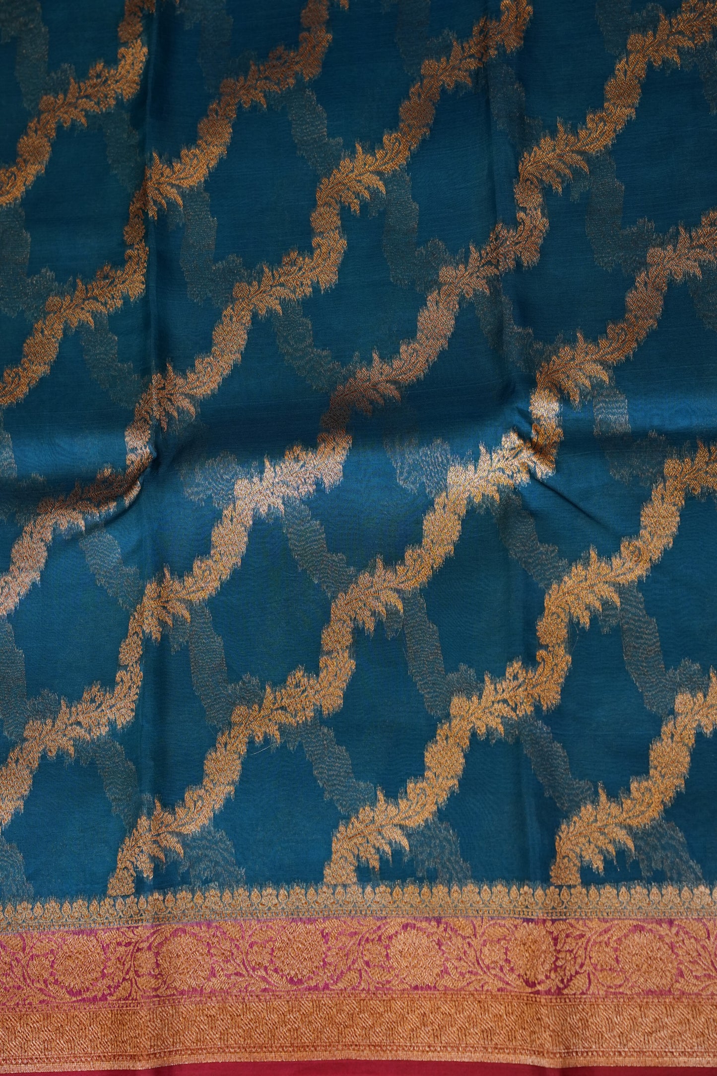 Pure Banarasi Organza(Kora) Silk Handloom Saree with Antique Zari Jaal – Teal Blue with Deep Red Border | Silk Mark Certified