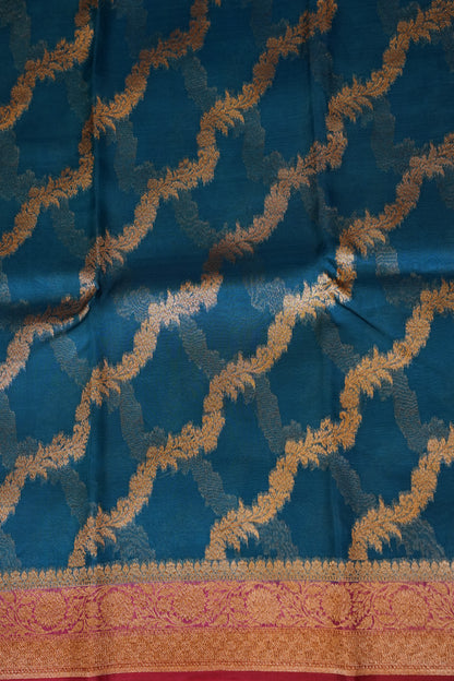 Pure Banarasi Organza(Kora) Silk Handloom Saree with Antique Zari Jaal – Teal Blue with Deep Red Border | Silk Mark Certified