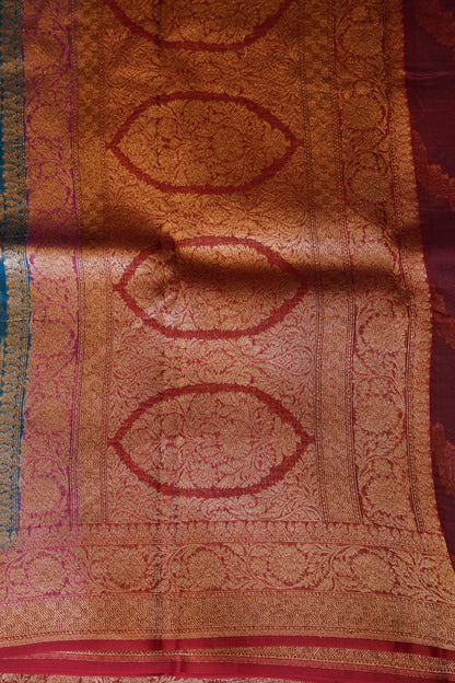 Pure Banarasi Organza(Kora) Silk Handloom Saree with Antique Zari Jaal – Teal Blue with Deep Red Border | Silk Mark Certified