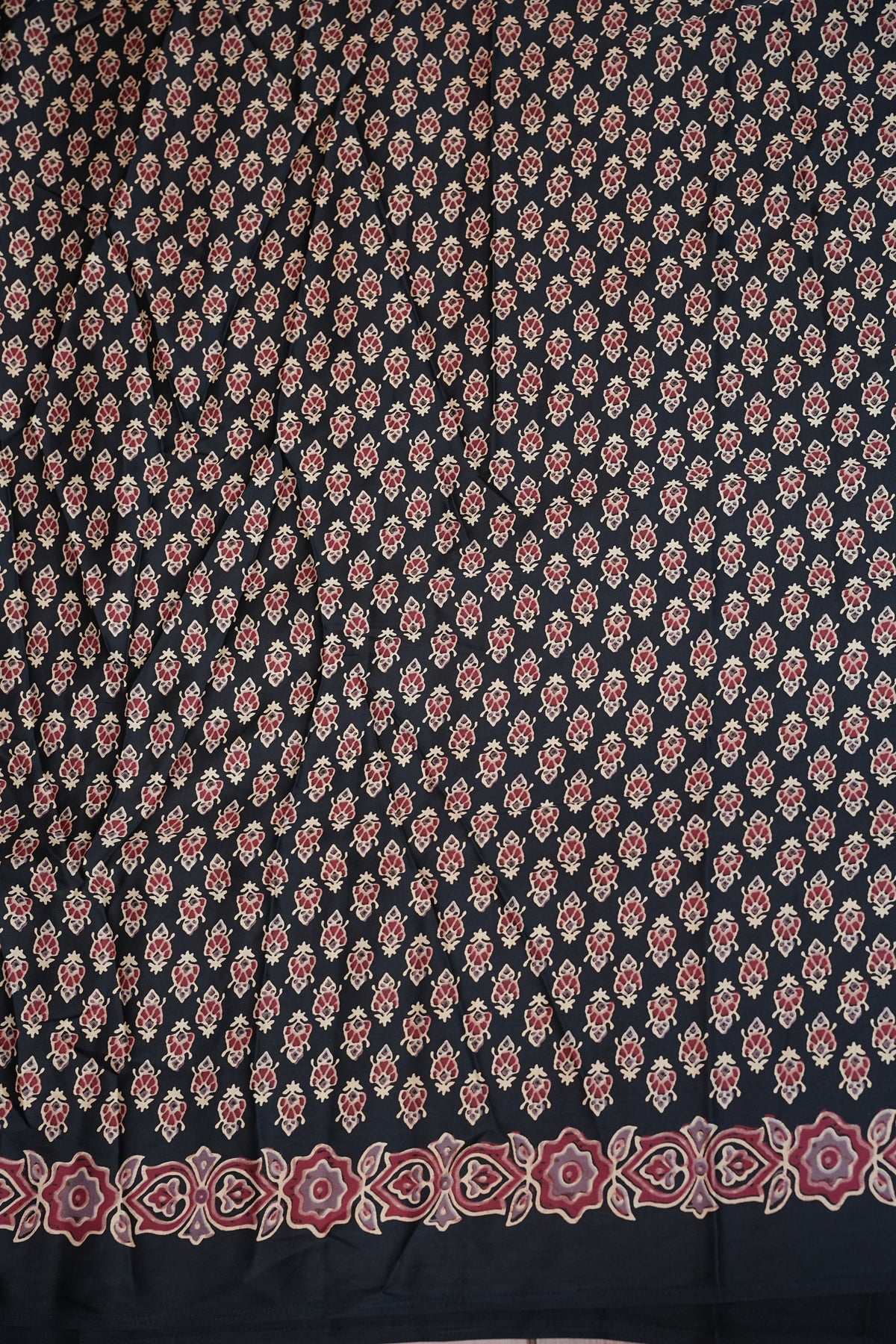 Pure Modal Silk Saree in Black with Ajrakh Block Prints