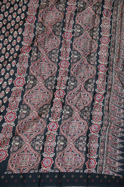 Pure Modal Silk Saree in Black with Ajrakh Block Prints