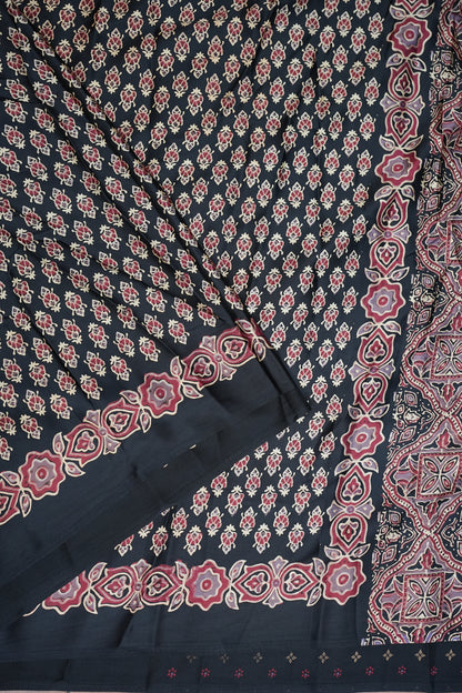 Pure Modal Silk Saree in Black with Ajrakh Block Prints