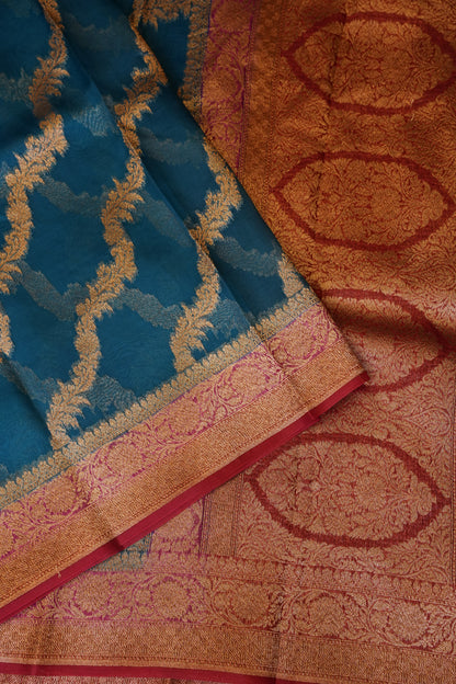Pure Banarasi Organza(Kora) Silk Handloom Saree with Antique Zari Jaal – Teal Blue with Deep Red Border | Silk Mark Certified