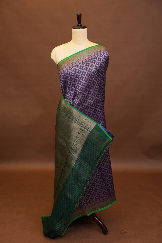 Pure Banarasi Organza(Kora) Silk Handloom Saree with Antique Zari Jaal – Navy Blue with Emerald Green Border | Silk Mark Certified