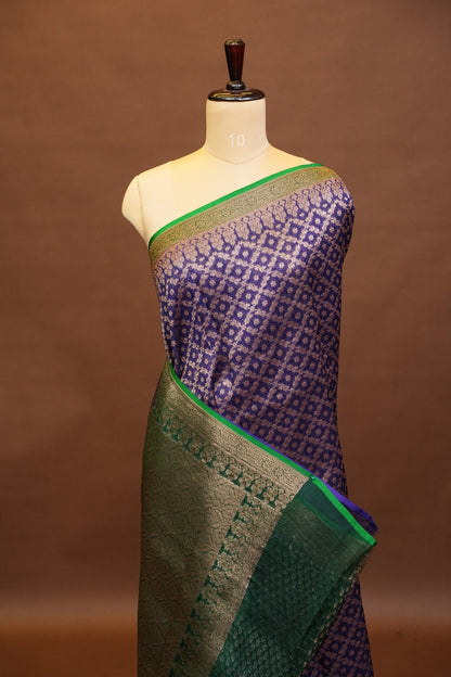 Pure Banarasi Organza(Kora) Silk Handloom Saree with Antique Zari Jaal – Navy Blue with Emerald Green Border | Silk Mark Certified