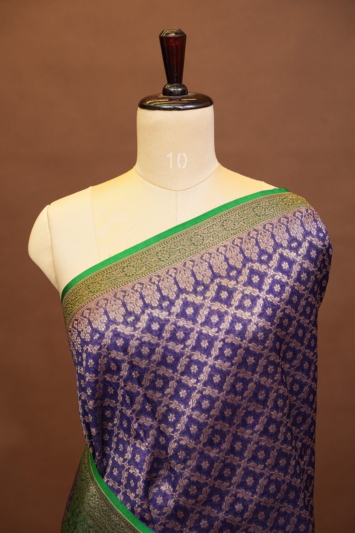 Pure Banarasi Organza(Kora) Silk Handloom Saree with Antique Zari Jaal – Navy Blue with Emerald Green Border | Silk Mark Certified