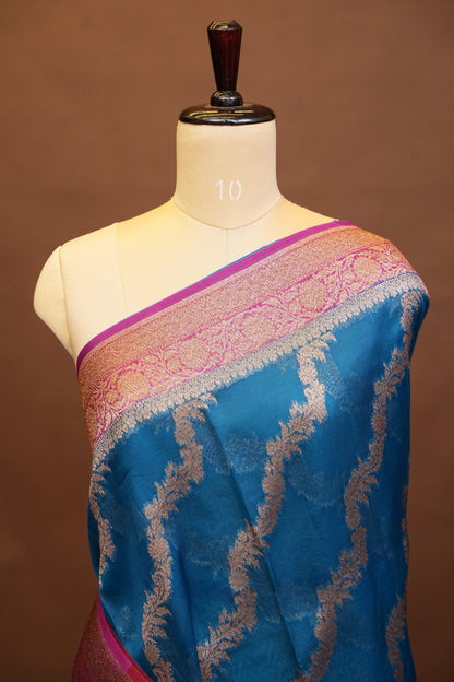 Pure Banarasi Organza(Kora) Silk Handloom Saree with Antique Zari Jaal – Teal Blue with Deep Red Border | Silk Mark Certified