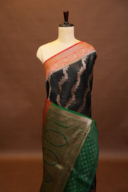 Pure Banarasi Organza(Kora) Silk Handloom Saree with Antique Zari Jaal & 3D Border – Black with Red & Green | Silk Mark Certified