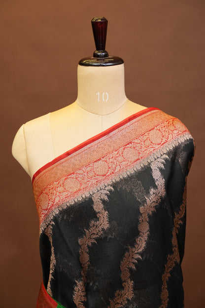 Pure Banarasi Organza(Kora) Silk Handloom Saree with Antique Zari Jaal & 3D Border – Black with Red & Green | Silk Mark Certified
