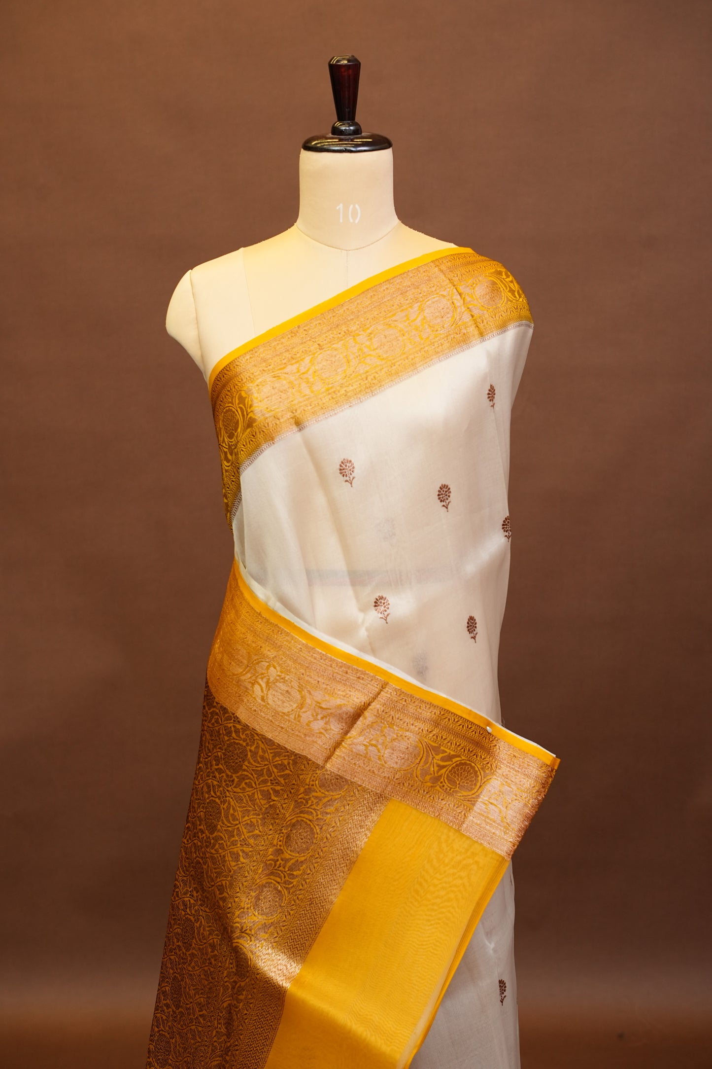Pure Banarasi Organza(Kora) Silk Handloom Saree with Antique Gold Zari Buttas & Border – Champagne Gold & Mustard | Silk Mark Certified