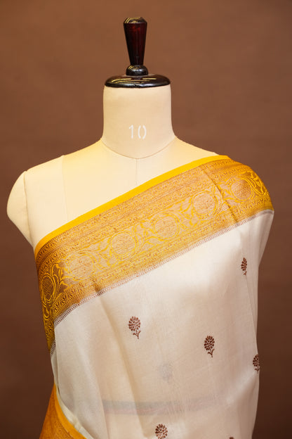 Pure Banarasi Organza(Kora) Silk Handloom Saree with Antique Gold Zari Buttas & Border – Champagne Gold & Mustard | Silk Mark Certified
