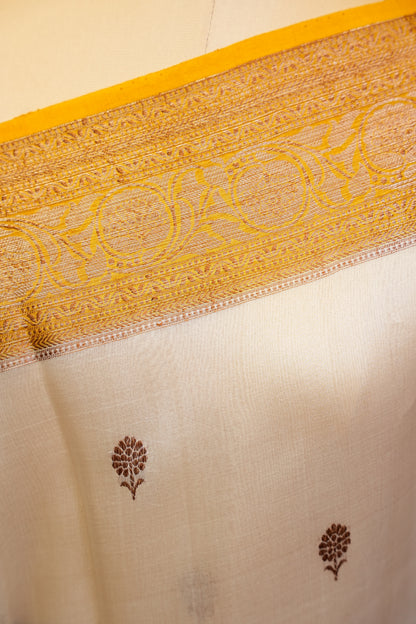 Pure Banarasi Organza(Kora) Silk Handloom Saree with Antique Gold Zari Buttas & Border – Champagne Gold & Mustard | Silk Mark Certified