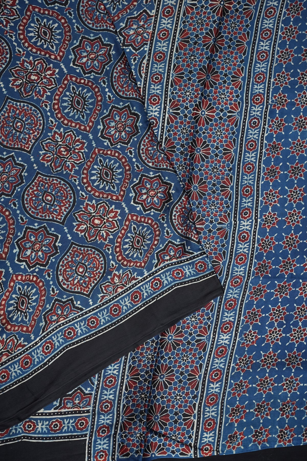Pure Modal Silk Saree in Indigo Blue with Ajrakh Block Print Pallu