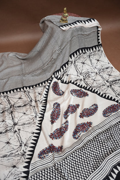 Pure Modal Silk Saree in Black & White with Geometric Block Prints