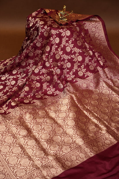 Pure Handloom Silk Katan Banaras Saree-Maroon|Silk Mark Certified