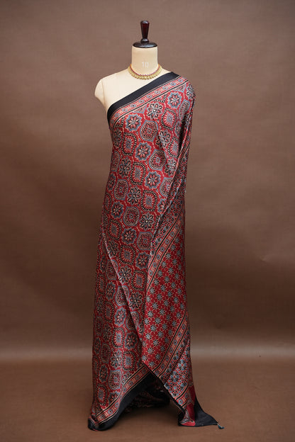 Pure Modal Silk Saree in Maroon with Ajrakh Block Print Pallu
