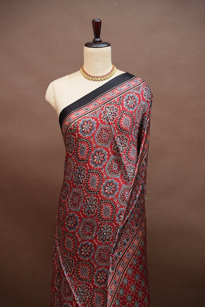 Pure Modal Silk Saree in Maroon with Ajrakh Block Print Pallu