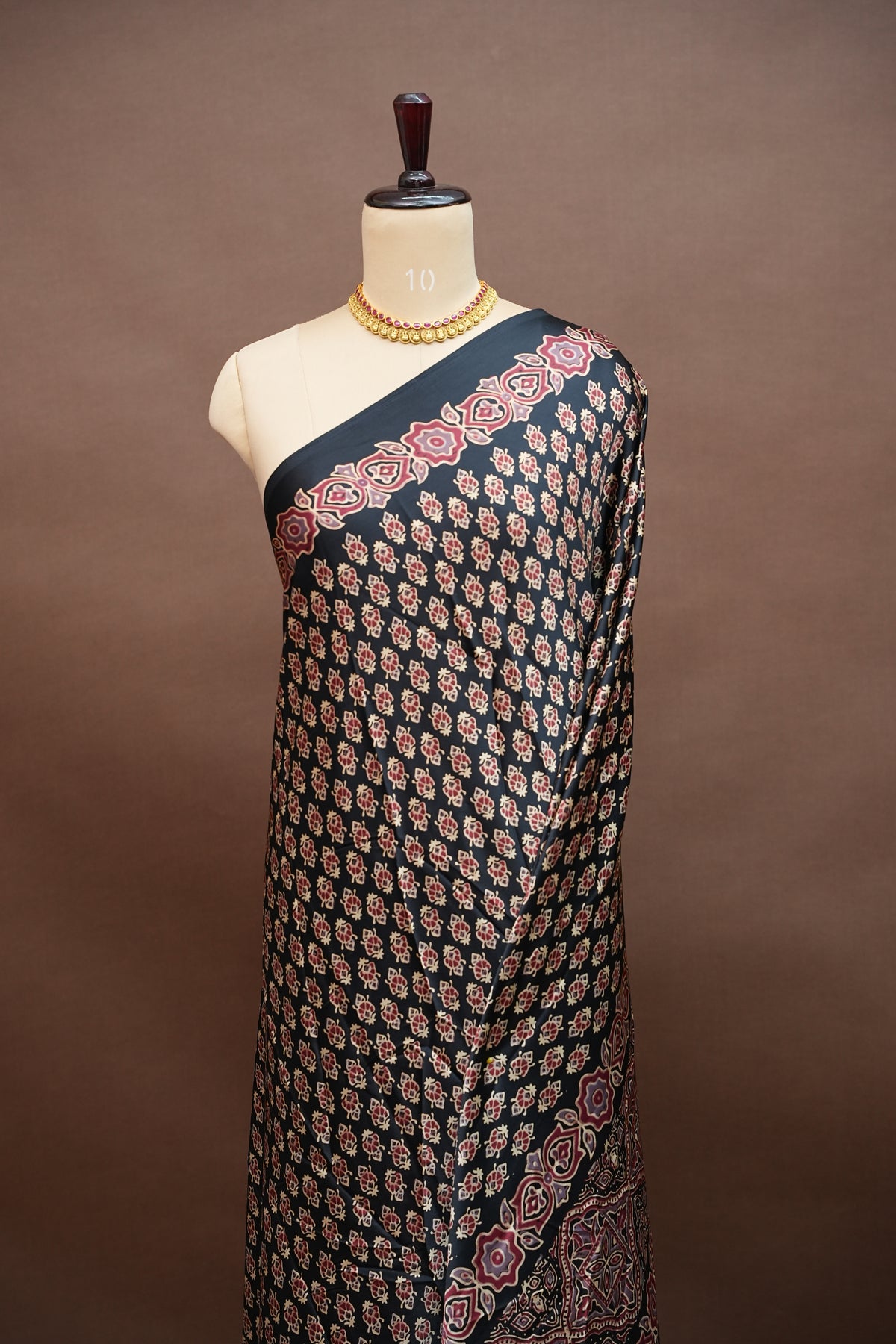 Pure Modal Silk Saree in Black with Ajrakh Block Prints