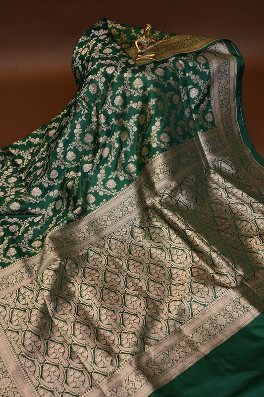 Pure Handloom Silk Katan Banaras Saree-Emerald Green|Silk Mark Certified