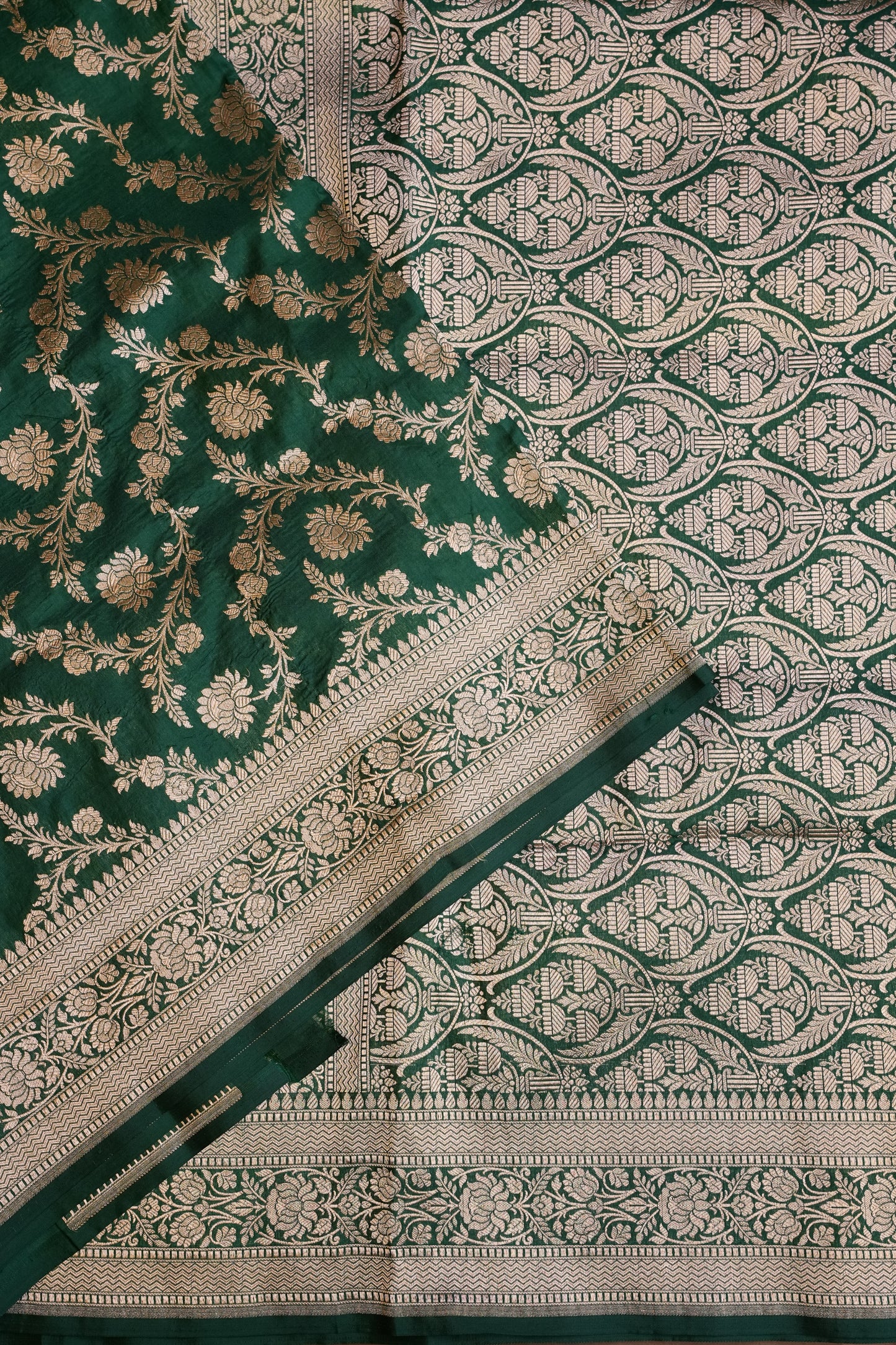 Pure Handloom Silk Katan Banaras Saree-Emerald Green|Silk Mark Certified