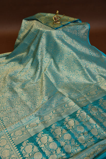 Pure Handloom Silk Katan Banaras Saree-Blue|Silk Mark Certified