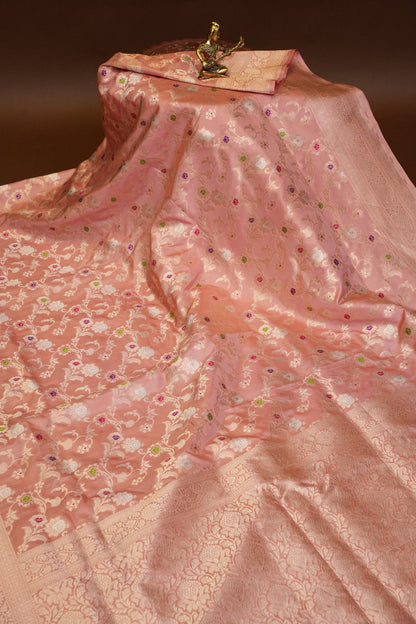 Pure Handloom Silk Katan Banaras Saree-Pinkish Peach|Silk Mark Certified